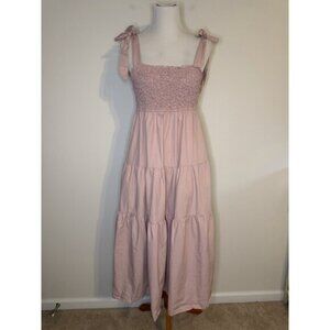 En Saison Tiered Midi Dress Ruched Bodice Tie Shoulder Pink Sz L
